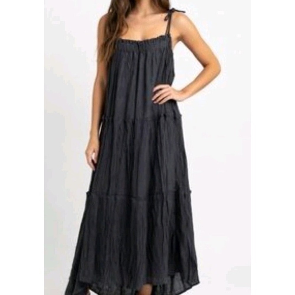 &Merci Long Tiered Gray Long Boho Dress Oversize Tie Straps Size M Lagenlook